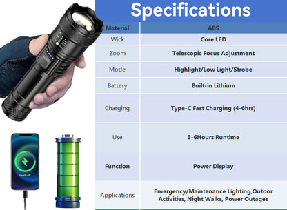 Super Bright LED Flashlight Type-C Rechargeable Long Range Tactical Torch Outdoor Waterproof Emergency Camping Fishing Lantern