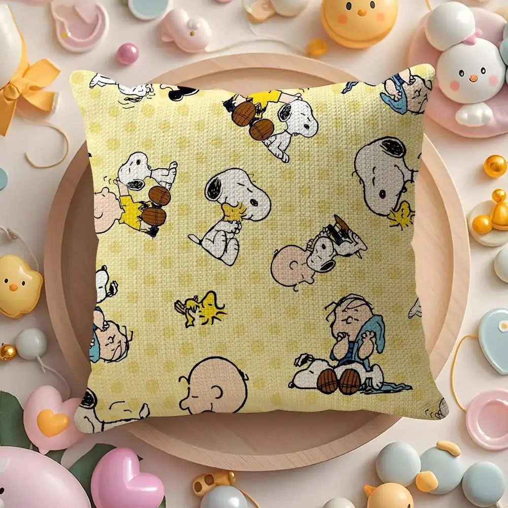 Cute Snoopy Pillow Case Natural Linen Organic Fabric Double-Sided Printing Sofa Home Decor Gift Cushion Cover