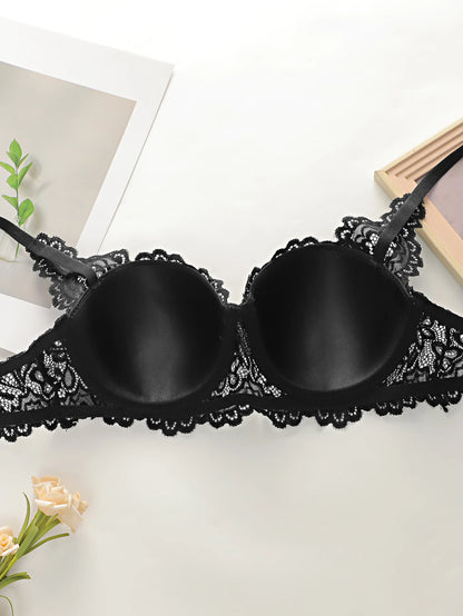fashion Black bow lace thong set solid color daily 2-piece set sexy underwear set push up bra set B1111