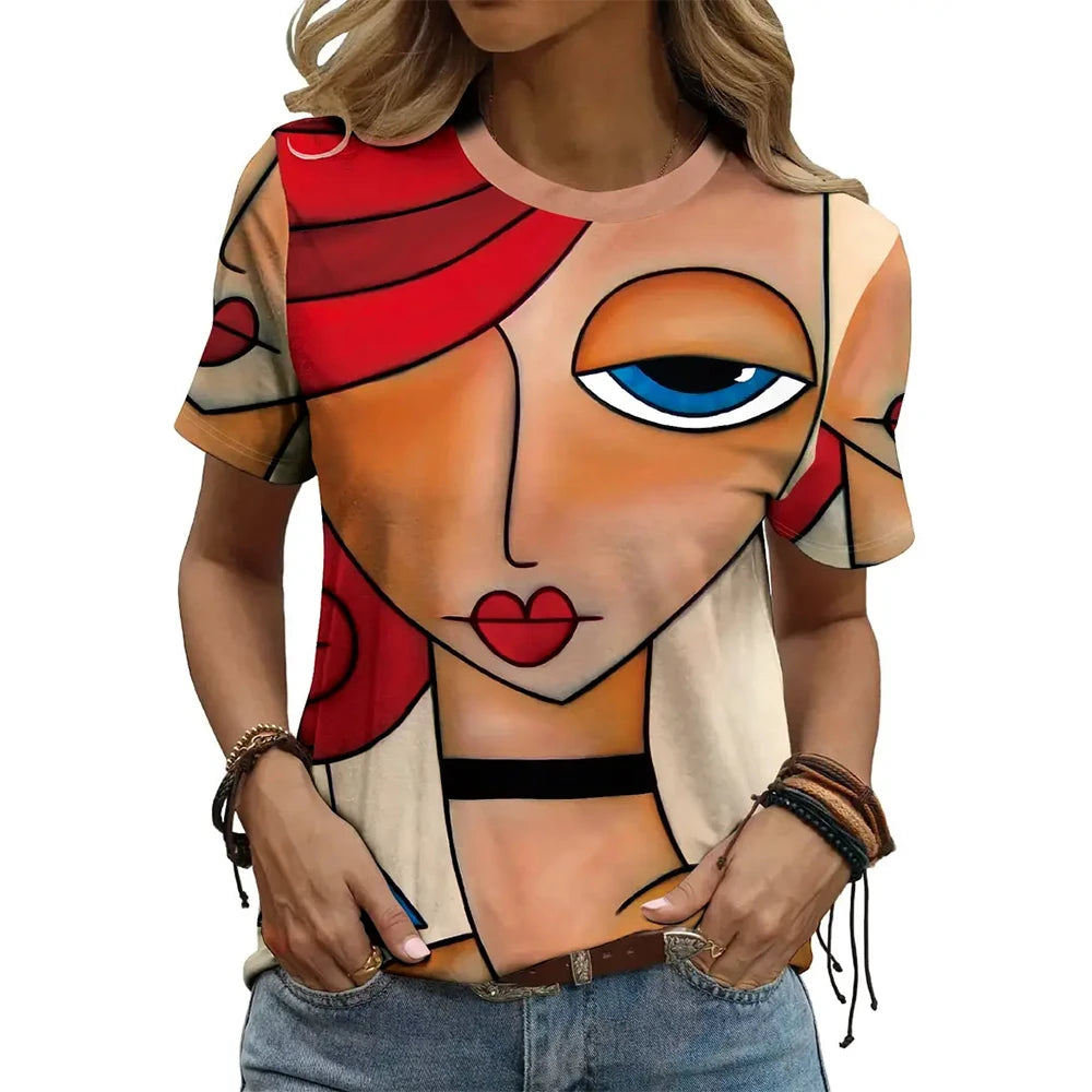 Summer Breathable Women's Fashion Short Sleeve T-Shirt Funny 3d Abstract Face Printed T-Shirts 2024 New Round Neck Tops Tees