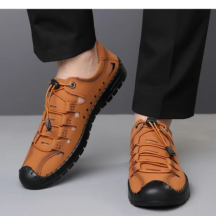 Men's Summer New Hollow out Breathable Leather Sandals Outdoor Anti-Slip Soft Bottom Casual Cover Toe Slip-On Shoes-8025