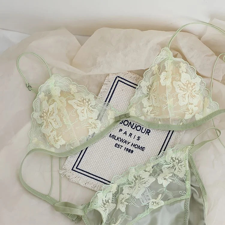 French Lace Bralette Small Bust Women Wireless Ultra Thin Sexy Embroidery Mesh No Underwire Push Up Comfort Bra Set BANERDANNI