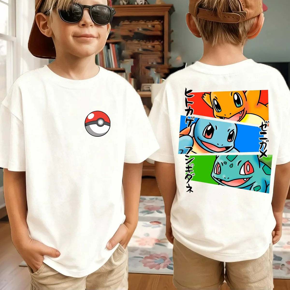 Summer Pokémon AnimeT-shirts Boys Pure Cotton Short-sleeved Top Casual Suitable for Both Boys and Girls, Parent-child Outfits.
