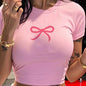 Women's Vintage Crop Tops with Pink Artistic Bow Print Graphic T-Shirt Simple Elegant Design Print Cropped T Shirt Sexy Tshirt