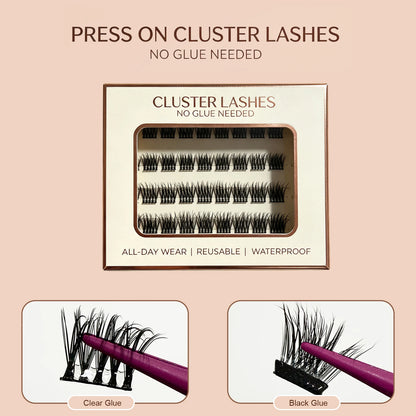 2‑5 Days Strong Hold Press On Cluster Lashes Wide Black Pre‑glued Band Self Adhesive Eyelashes NEW No Glue Need Lash Clusters