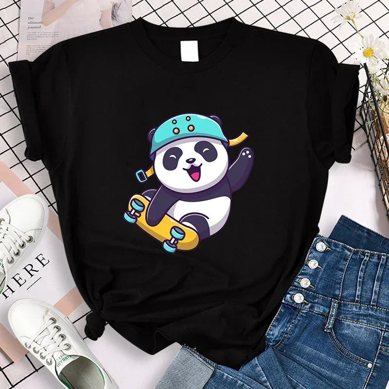 Cartoon Casual Creative T-shirt Vintage Round Neck Clothes Funny Cute Panda Printed T Shirt for Women Summer Sleeve