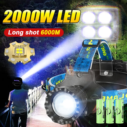 2000W Most Powerful LED Headlamp Super Bright Waterproof Head Flashlight Long Range 6000M Tactical Head Torch Fishing Headlight
