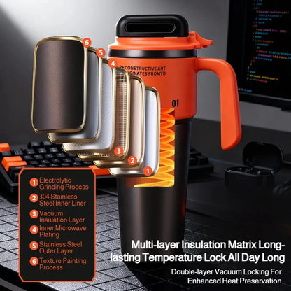 1L 304 Stainless Steel Vacuum Insulated Water Bottle One Touch Flip Lid Thermos Mug with Straw Handle for Car Travel Home Daily