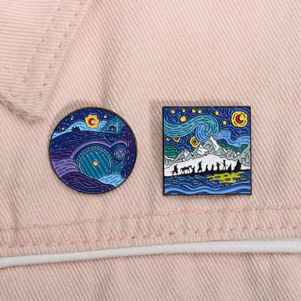 Blue Night Sky Oil Painting Enamel Pins Creative Cartoon Landscape Brooch Lapel Badges Animal Jewelry Gift for Friends