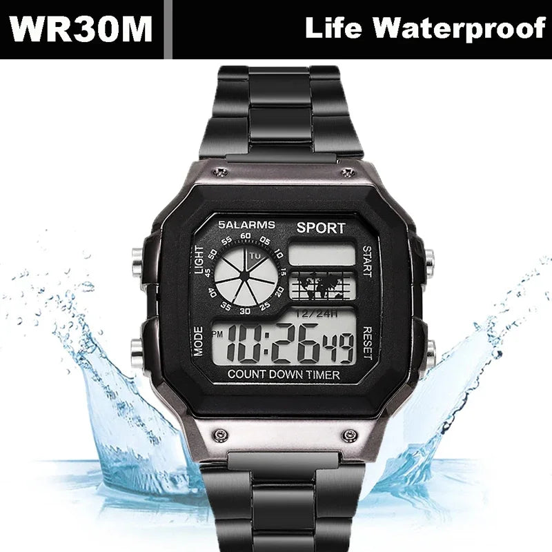 YIKAZE Luxury Men's Business Watch Stainless Steel Strap Men Digital Watch Luminous Multifunction Sports Electronic Wristwatch