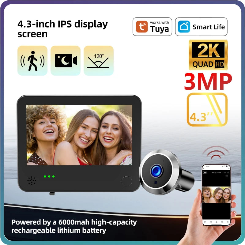 4.3inch Smart Life Door Peephole Camera WiFi Tuya Human Detection 120° 2KHD 3MP IPS Screen Remote Danmini Digital Door Video Eye