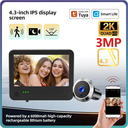 4.3inch Smart Life Door Peephole Camera WiFi Tuya Human Detection 120° 2KHD 3MP IPS Screen Remote Danmini Digital Door Video Eye