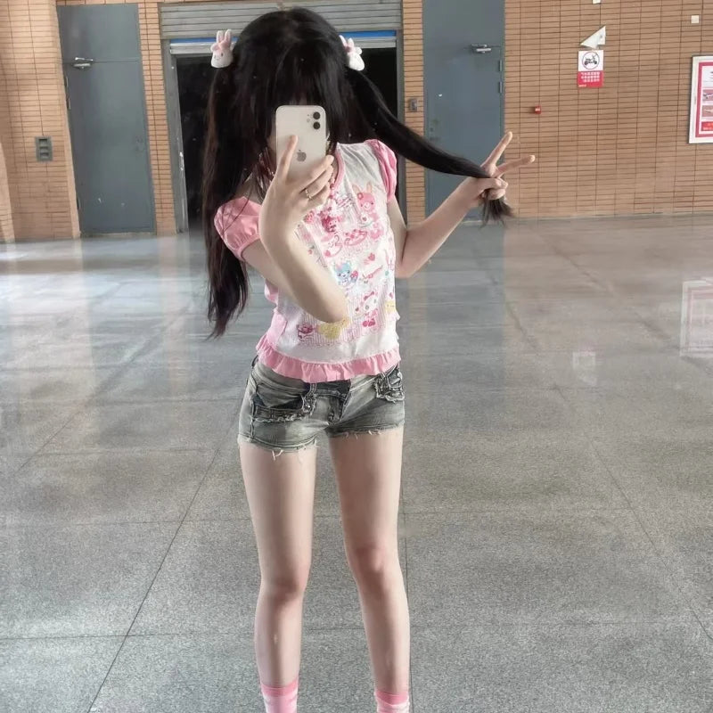 Japanese Girl Woman Clothing Cute Printed Short T-shirts Female Summer Colorful Short Tops Kawaii Pulover Youthful y2k Clothes