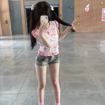 Japanese Girl Woman Clothing Cute Printed Short T-shirts Female Summer Colorful Short Tops Kawaii Pulover Youthful y2k Clothes