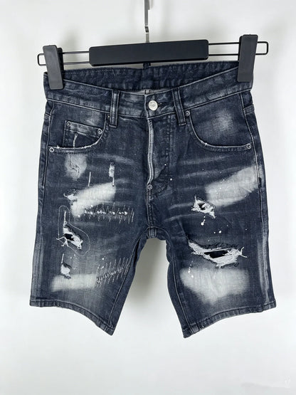 3006 Summer New Men's Jeans Washed Ripped Patch Paint Slim-fit Micro-elastic Denim Shorts Men's Black