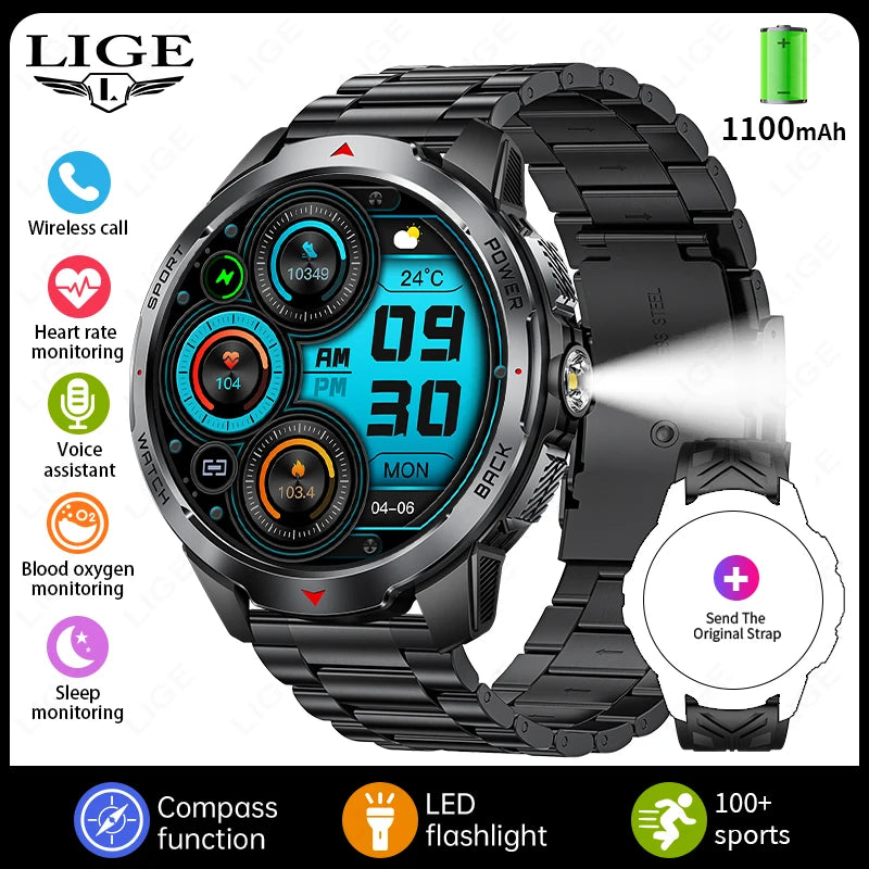 LIGE 1100mAh Military Outdoor Smart Watch Men 1.7" Large Display Compass Sports Watch IP68 Waterproof Bluetooth Call Smartwatch