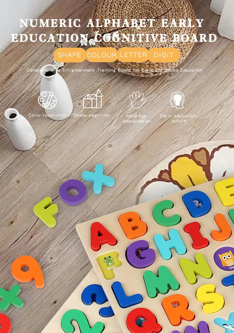 Kids Alphabetic Arithmetic Number Geometric Shapes Wooden Puzzle Montessori Preschool Learning Educational Game Toy for Children