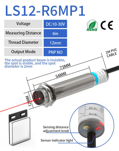 GTRIC Laser Photoelectric Sensor Retro-reflective M12 Series 10-30V NPN PNP Visible Spot 2mm Sensing Distance 6M Adjustable