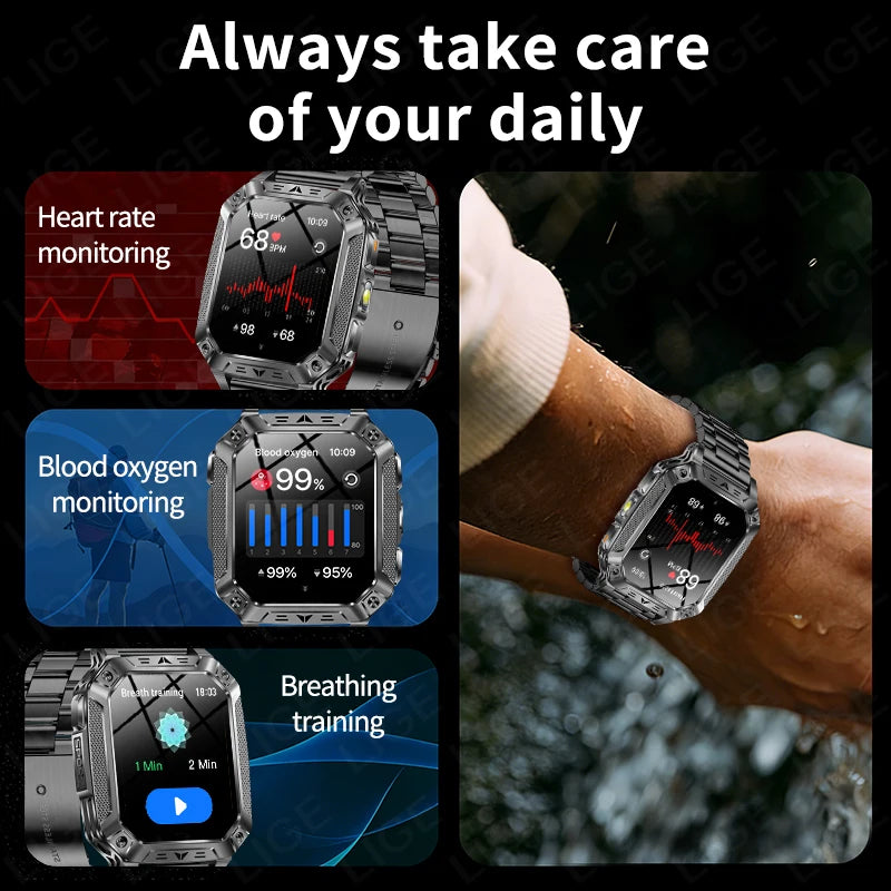 LIGE Wojskowy Inteligentny Zegarek 2.01'' Ekran HD Outdoor Sportowy Męski Zegarek SOS Czerwony Alarm Migająca Latarka Monitor Zdrowia Smartwatch