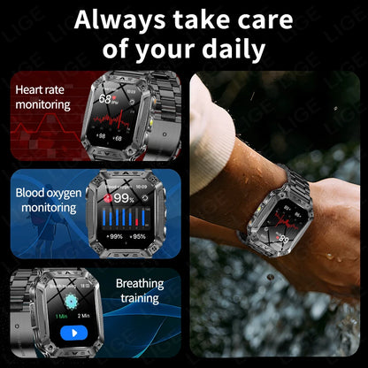 LIGE Wojskowy Inteligentny Zegarek 2.01'' Ekran HD Outdoor Sportowy Męski Zegarek SOS Czerwony Alarm Migająca Latarka Monitor Zdrowia Smartwatch