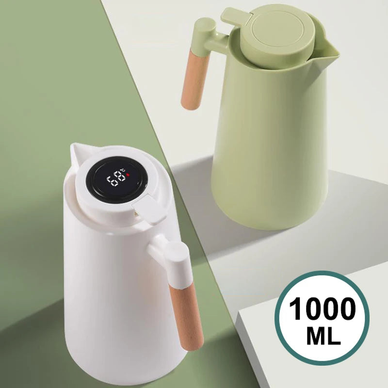 1Pc 1000ML Thermos Bottle Nordic Thermos For Hot Water Intelligent Water Heater Kettle Jug Bottle Vacuum Flask Wooden Handle