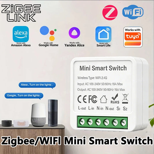 ZigBee or WiFi Smart Switch Module 16A/20A Mini Relay Breaker Smart Home Automation Works with Tuya Alexa Google