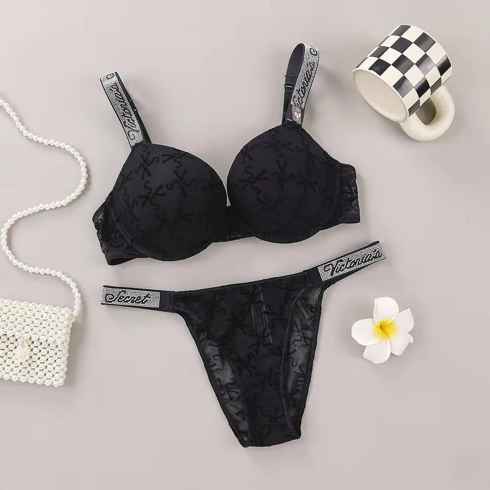 Victoria's Secret Lingerie Set Heart Pattern Trim Stretchy Breathable underwear Set Women's Sexy Lace Bralette Bra and Panty Set