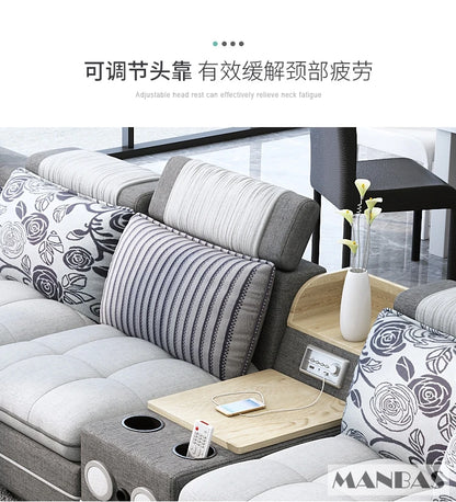 Modern U-Shaped Fabric Couch with Stools, Sectional Sofa Set with Storage Console & Cup Holder, Modular Corner Sofa with Pillows