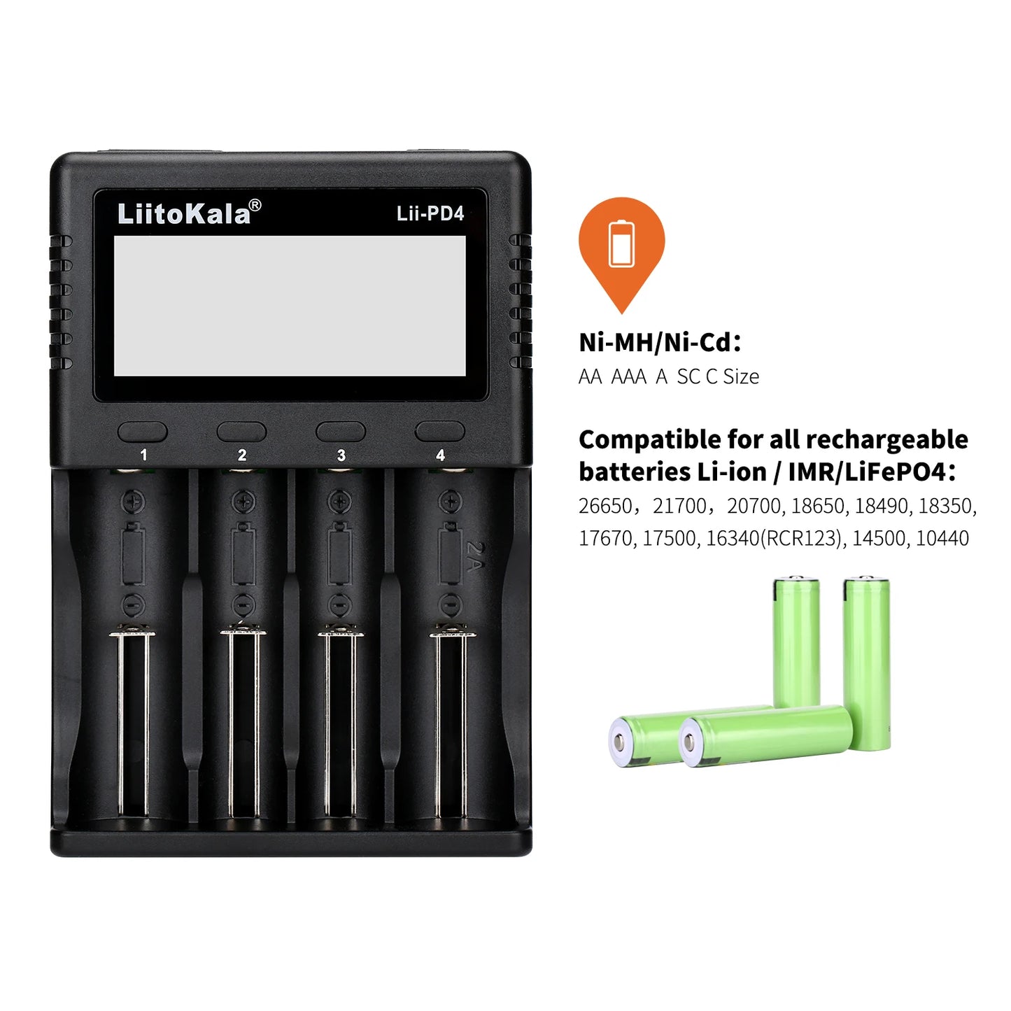 Ładowarka sieciowa LiitoKala Lii-PD4/PD2 LCD, szybkie ładowanie, 4/2 gniazda na akumulatory 21700/18650/AA/AAA, wielokrotne zabezpieczenia, automatyczne wykrywanie