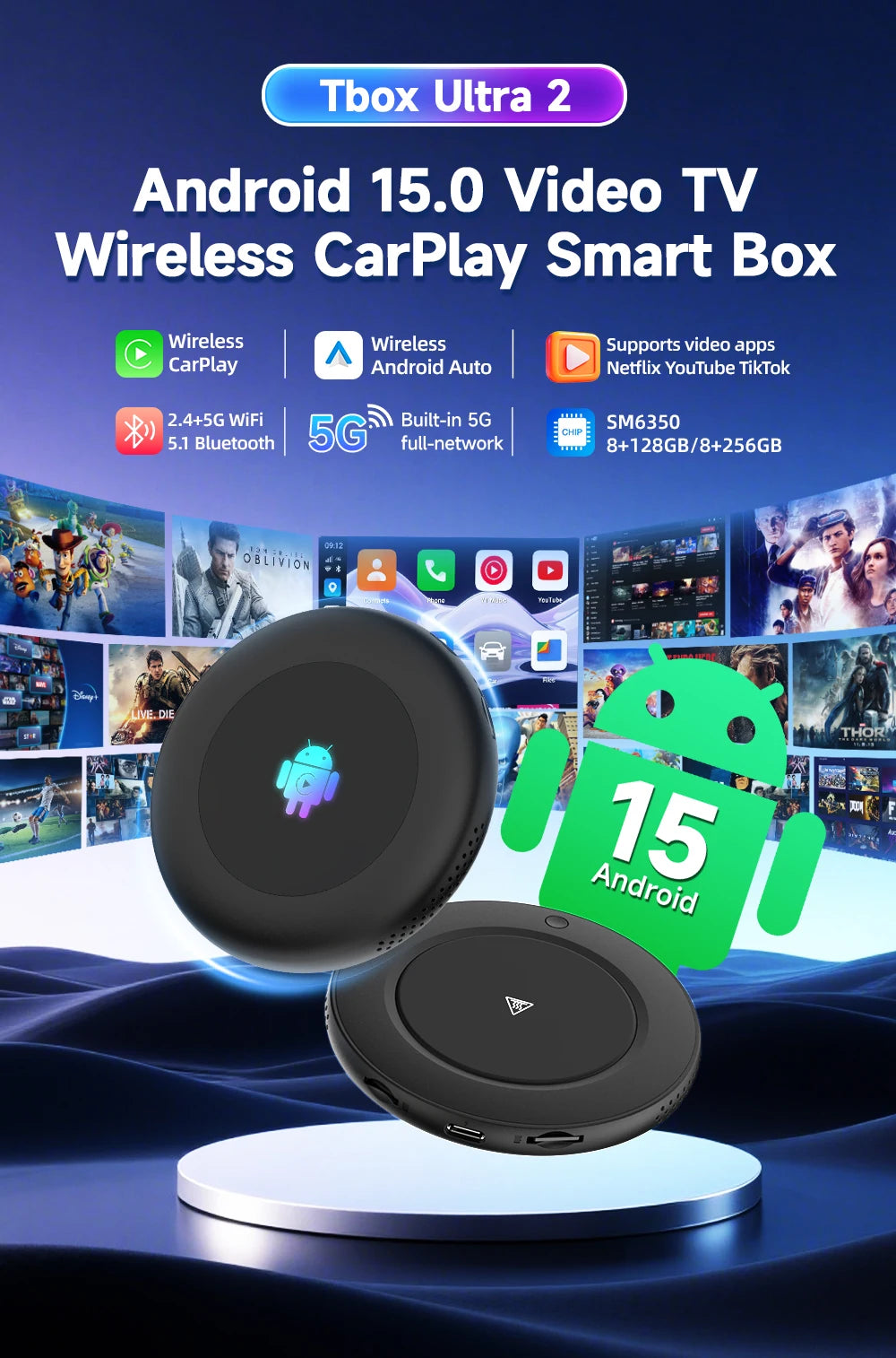 2026 5G Tbox Ultra2 Android 15 Wireless CarPlay Ai Box Android Auto Adapter SM6350 128GB 8-Core for BMW Youtube Netflix FOTA