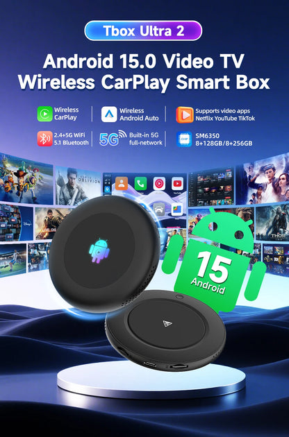 2026 5G Tbox Ultra2 Android 15 Wireless CarPlay Ai Box Android Auto Adapter SM6350 128GB 8-Core for BMW Youtube Netflix FOTA