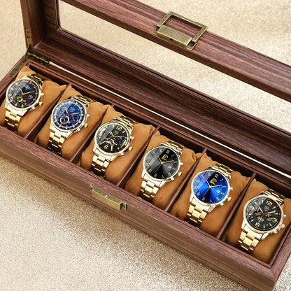 6P/Set Golden Quartz Watch Set for Men, Gold Business Casual Fashion Watch Set for Men