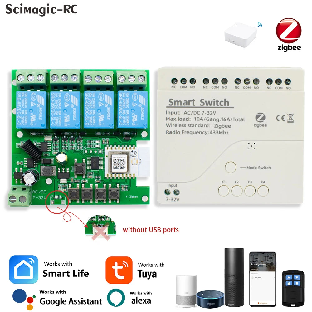 Zigbee Tuya Smart Home Relay 1/2/4CH Motor Switch Module,DC 12V 24V 32V 110V,4 Channel Radio RF Remote Control Alexa Google Home
