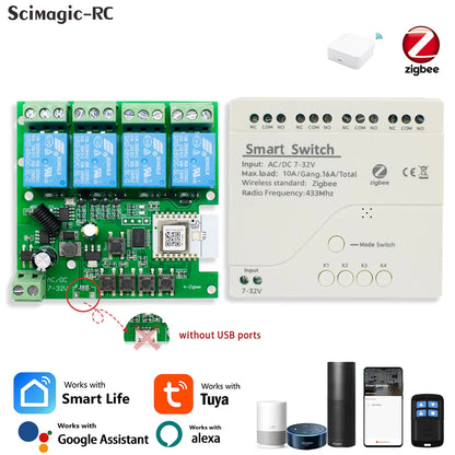 Zigbee Tuya Smart Home Relay 1/2/4CH Motor Switch Module,DC 12V 24V 32V 110V,4 Channel Radio RF Remote Control Alexa Google Home