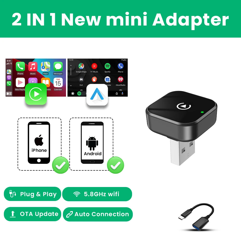 2in1 Wireless CarPlay Adapter Android Auto AI Smart Box Car Intelligent System Suitable For VW Toyota Nissan Honda Kia Opel MG
