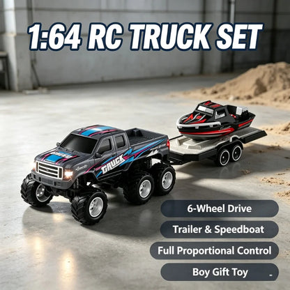 JJRC 1:64 Mini 6-Wheel Alloy RC Offroad Pickup Truck With Trailer & Speedboat Full Proportional Remote Control Car Boys Gift Toy