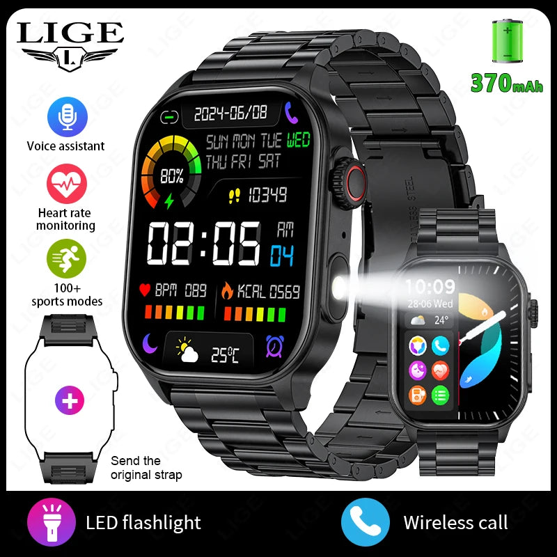 LIGE 2.01" HD Wyświetlacz Smartwatch dla Mężczyzn Kobiet Monitor Zdrowia Zegarki Sportowe Fitness AI Głos Rozmowy Bluetooth Męski Smartwatch Nowość
