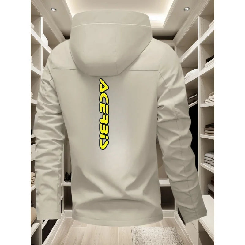 Men's Off-Road Motorcycle Style Hooded Jacket BIS Bright yellow logo print Windproof versatile casual functional jacket