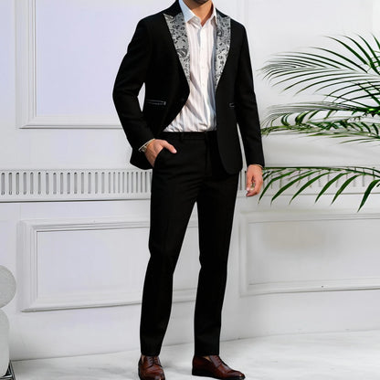 Men's Suit 2 Piece Set Floral Jacquard Tuxedo, Paisley Formal Blazer Jacket & Pants for Prom Banquet Wedding Dinner Party Black