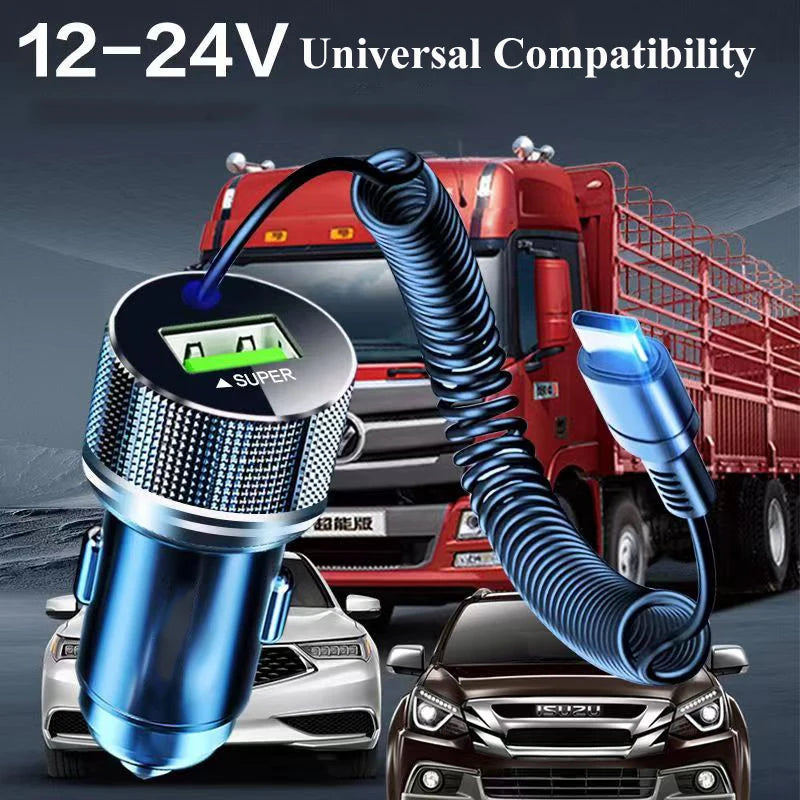 Ładowarka samochodowa EDEBA Metal USB z kablem Type-C 12 V Super szybkie ładowanie, adapter samochodowy 2 w 1 do iPhone'a, Samsunga, Huawei, VIVO, OPPO