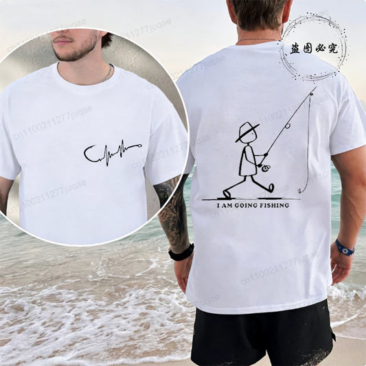 Men's Fishing Graphic T-shirt Black with Fisherman Front Back Print T-Shirts Summer Tee Fishing Trip Personality Male Tee Tops