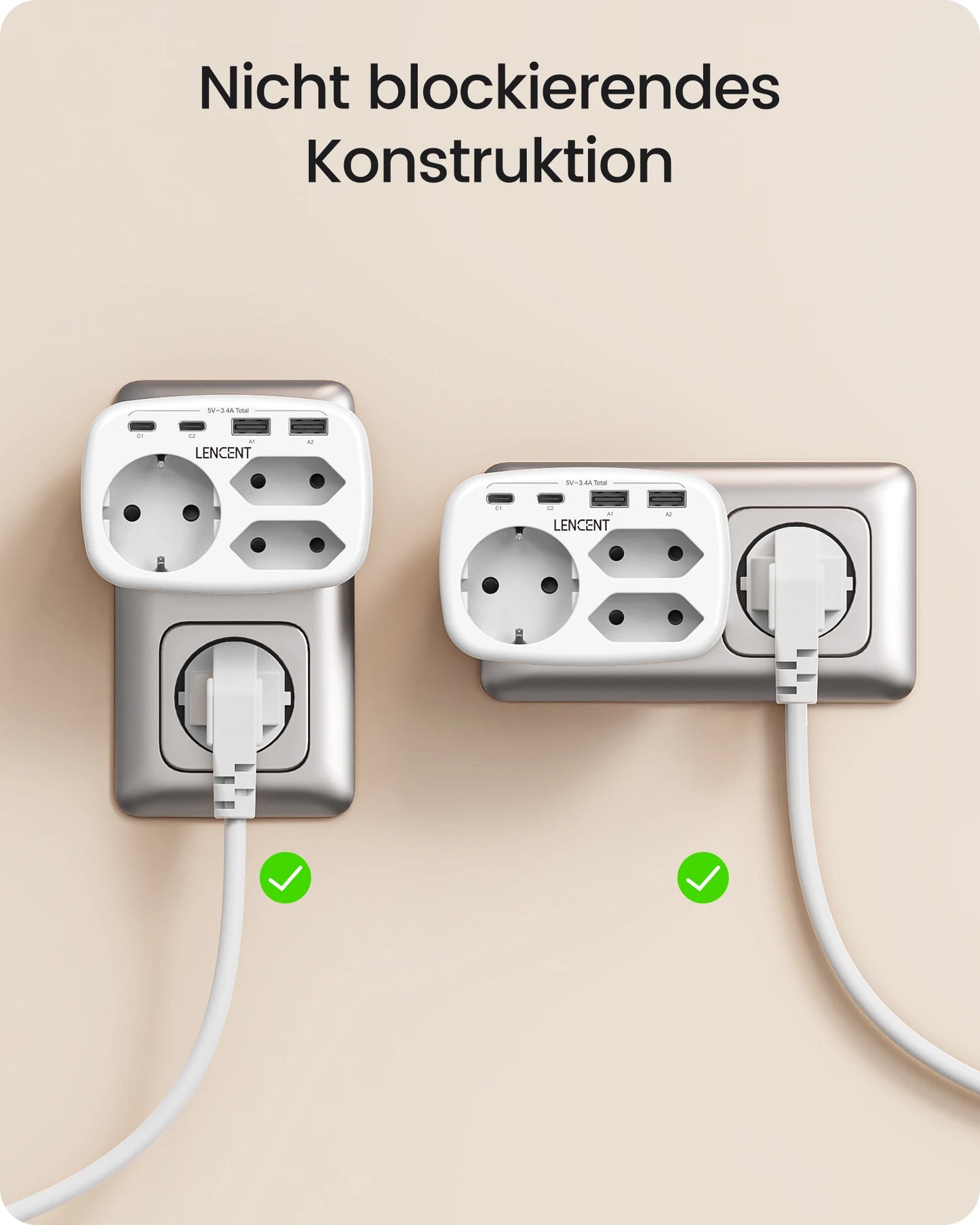 LENCENT EU Plug Power Strip with  3 AC Outlets +3 USB Charging Ports+ 1 Type C 5V 2.4A  Adapter 7-in-1 Plug Socket On/Off Switch