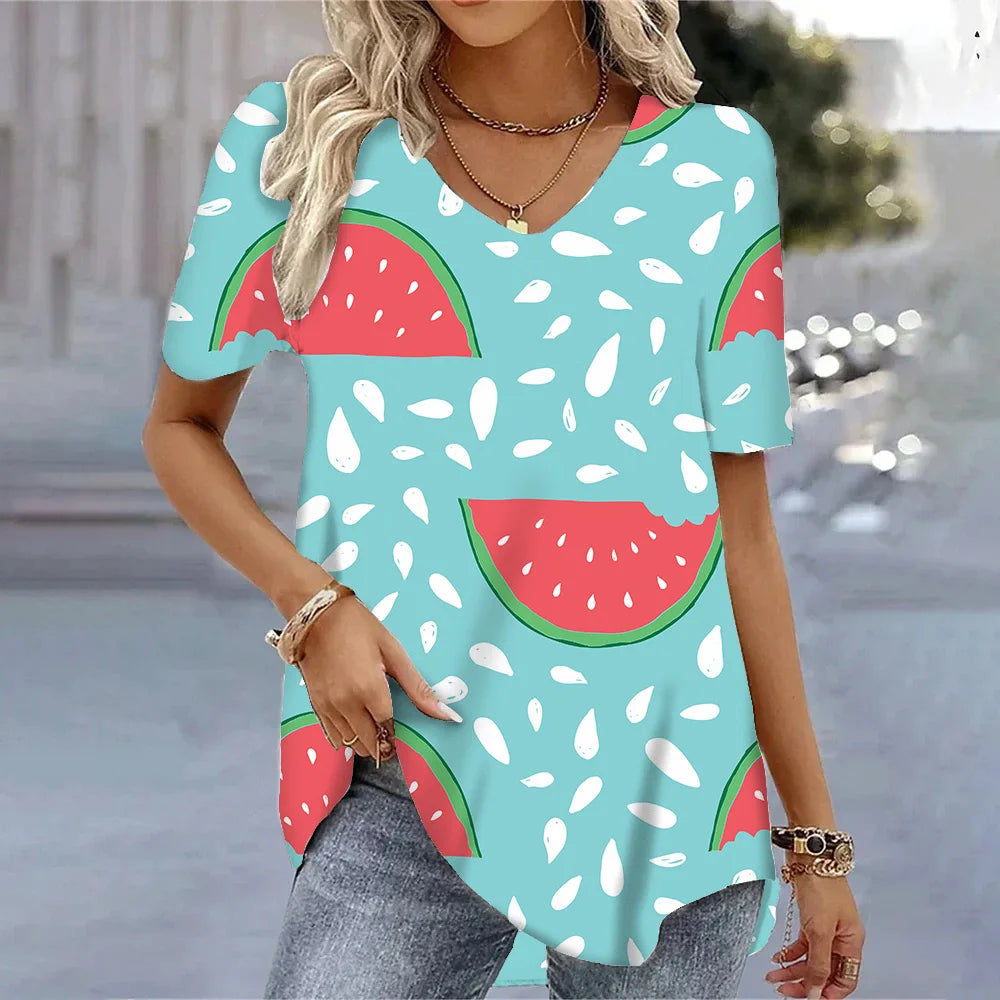 3D Watermelon Printed Women's V-neck Tee Shirts Summer Cool Short Sleeves Tops Fashion Casual Loose Pullovers Female T-shirts