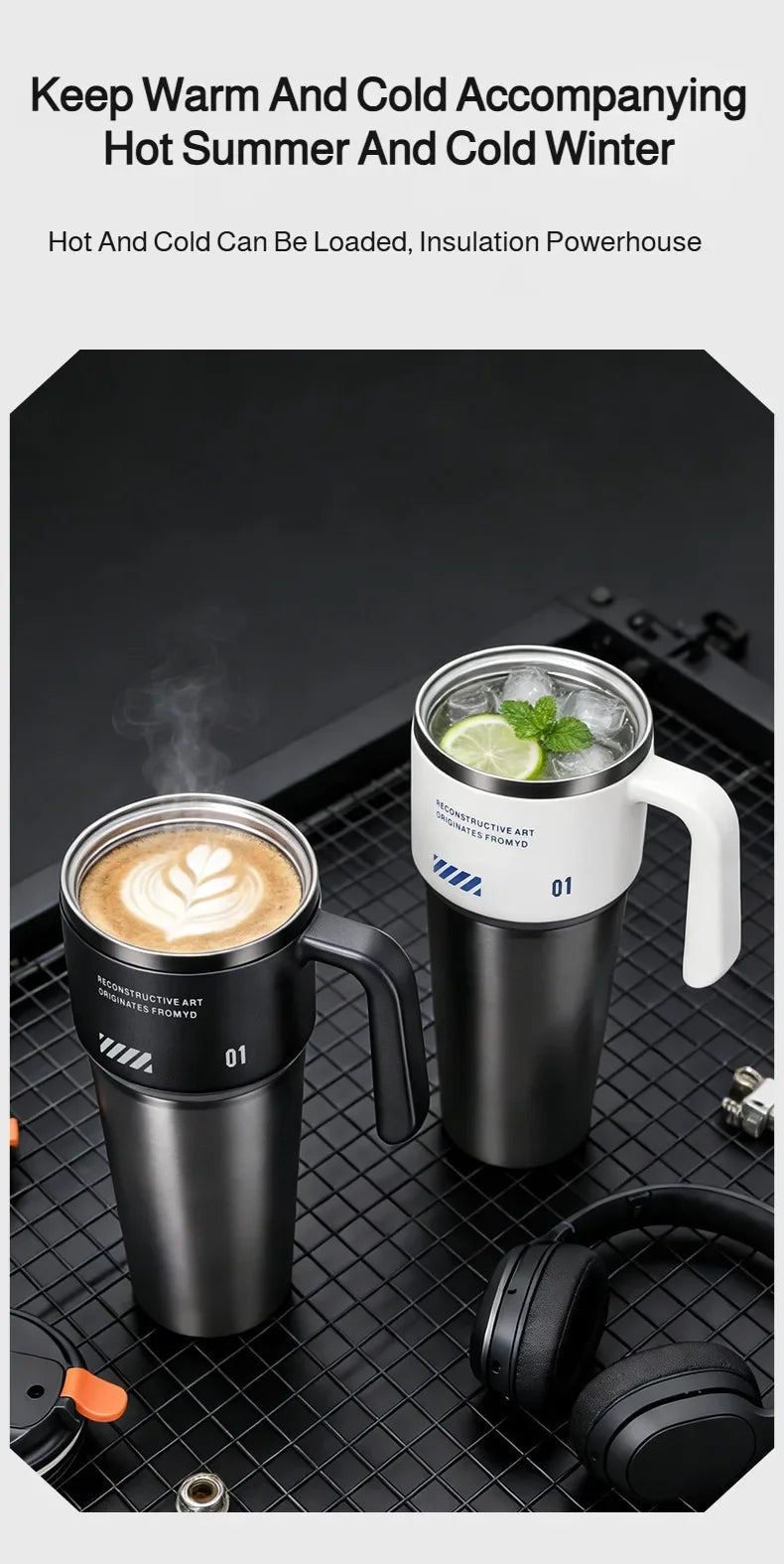 1L 304 Stainless Steel Vacuum Insulated Water Bottle One Touch Flip Lid Thermos Mug with Straw Handle for Car Travel Home Daily