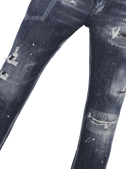 6060 Four Seasons New Men's Washed Ripped Patch Old Slim-fit Straight Black Jeans for Men