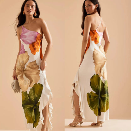 VEITCHE Fashion Women Printed Curling Edge Long Dresses Irregular One Shoulder Open Fork Gown Women Summer 2025 Party Vestidos