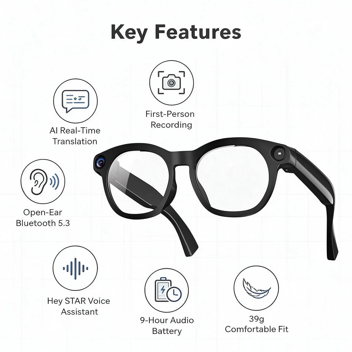 CY03 AI Smart Glasses with Camera 1600x1200 Video Recording Open-Ear Bluetooth 5.3 Headphones Real-time Translation Touch Contro