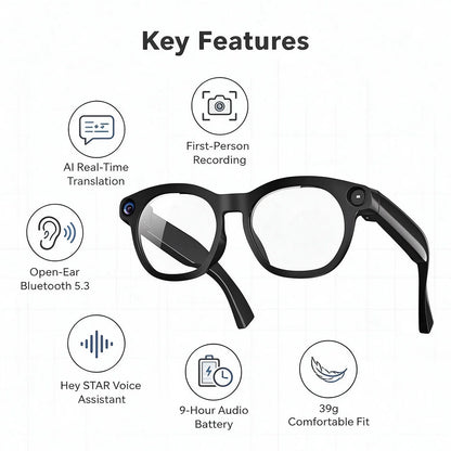 CY03 AI Smart Glasses with Camera 1600x1200 Video Recording Open-Ear Bluetooth 5.3 Headphones Real-time Translation Touch Contro