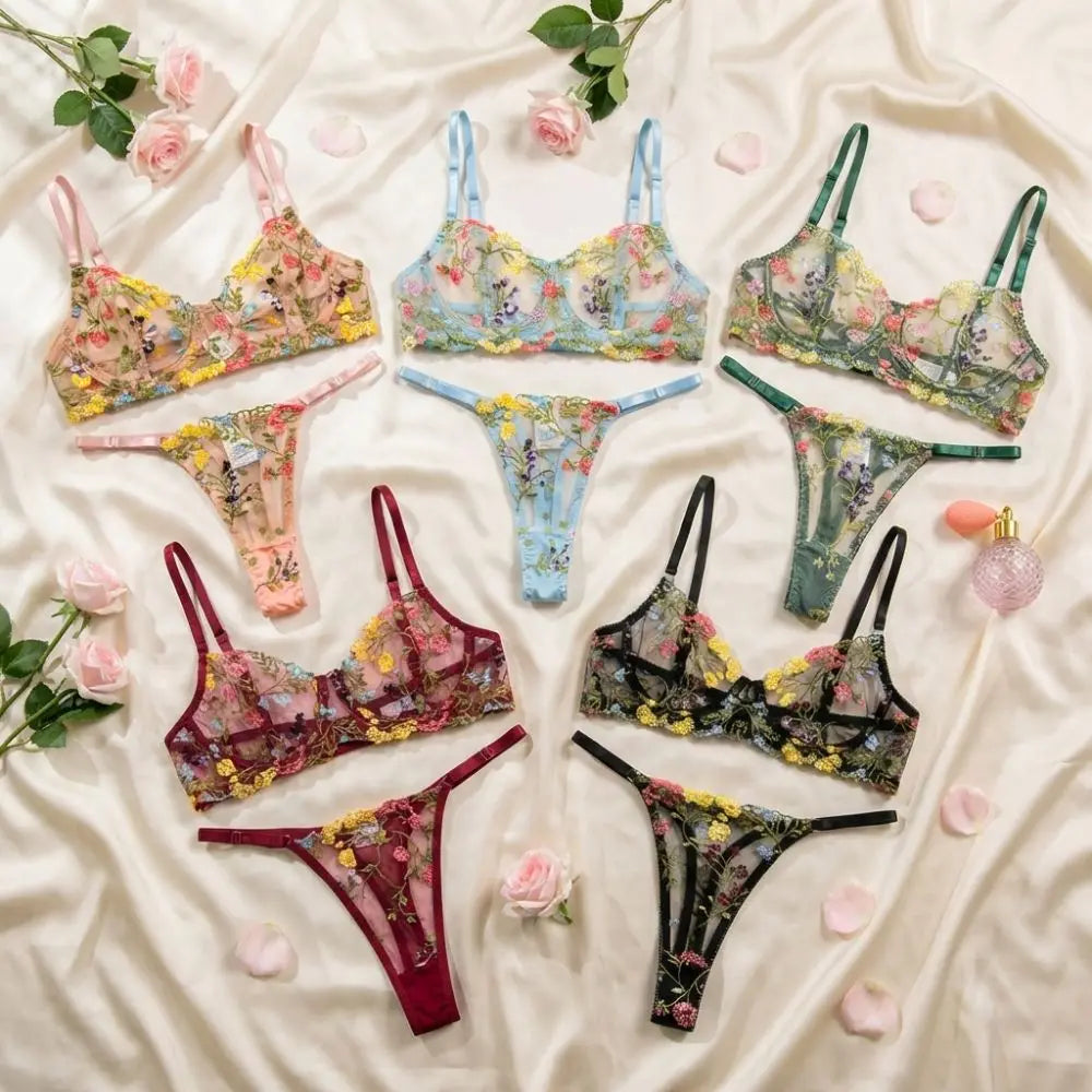2-Piece Floral Lingerie Set Sheer Embroidery Underwear Intimates Underwire Push-up Versatile Bra Panty Set For Lady Girl