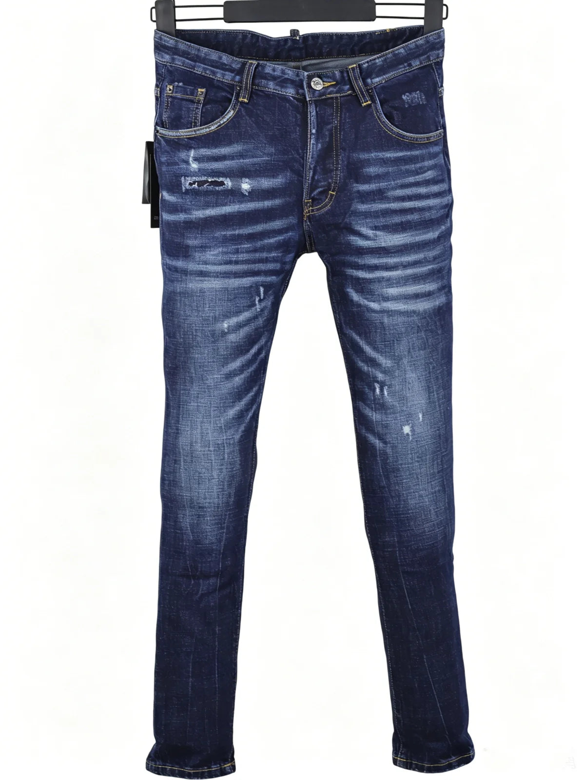6057 Four Seasons New Men's Wear Washed Ripped Patch Paint Slim-fit Feet Blue Jeans for Men